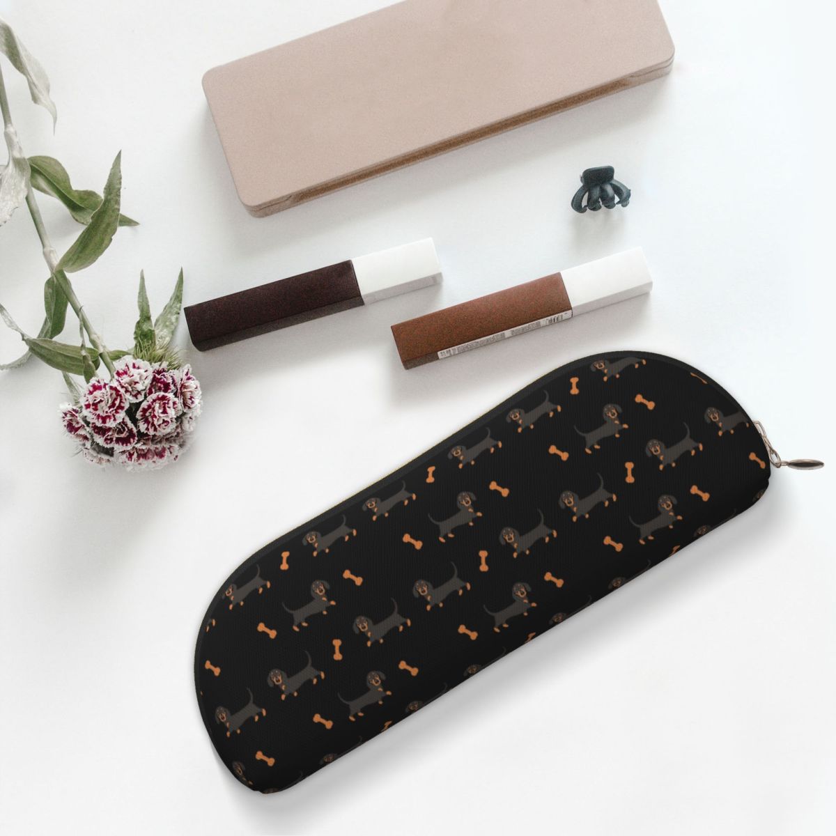 Tan Stationery & Office Supply - 黒と黄褐色のダックスフントソーセージ犬鉛筆ケース鉛筆ポーチ収納文具用品大容量ペンボックス鉛筆バッグ