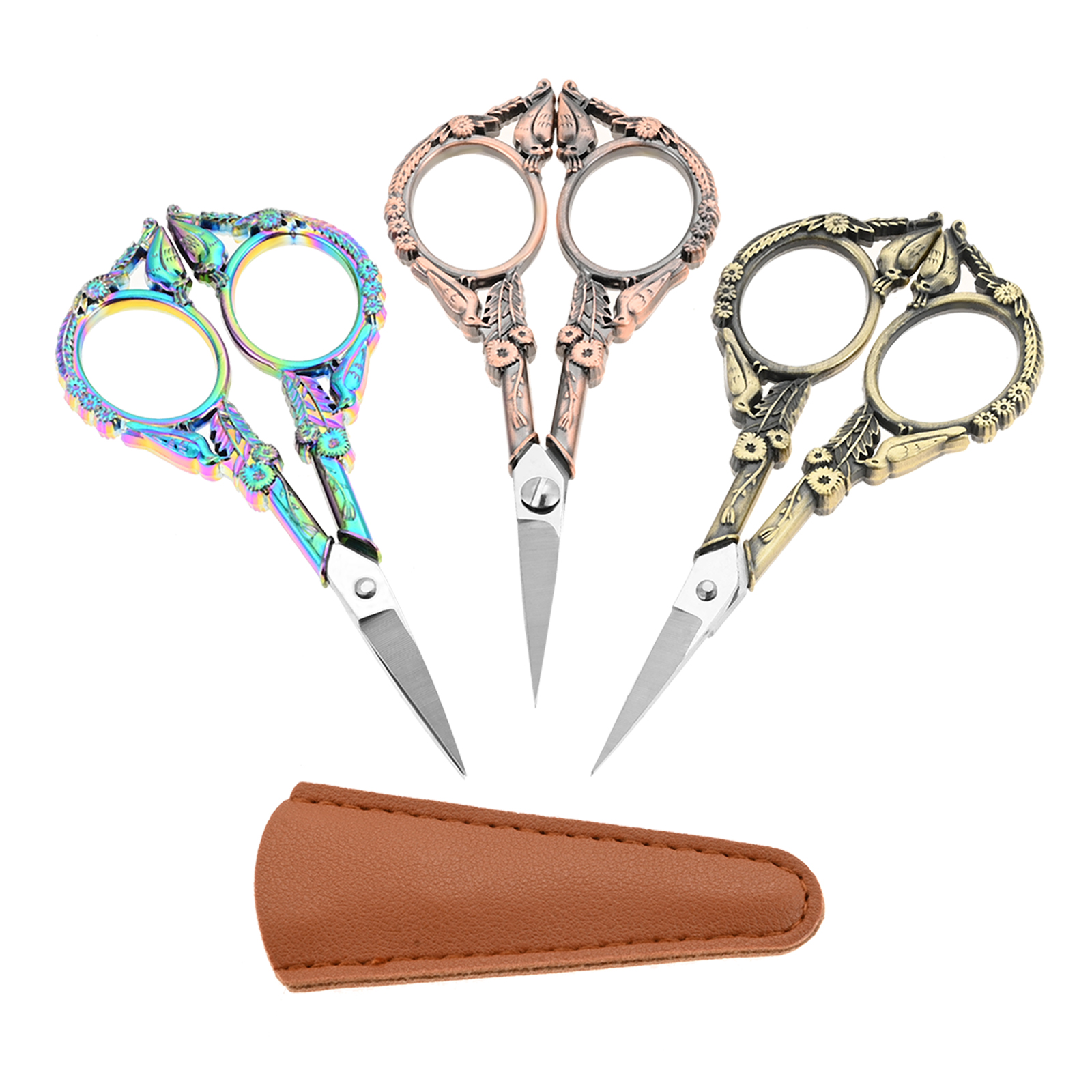 Scissors Stainless Craft - レトロ刺繍はさみ レザーシース付き ヴィンテージレリーフ鳥型 4.6インチ 裁縫道具 DIYクラフト