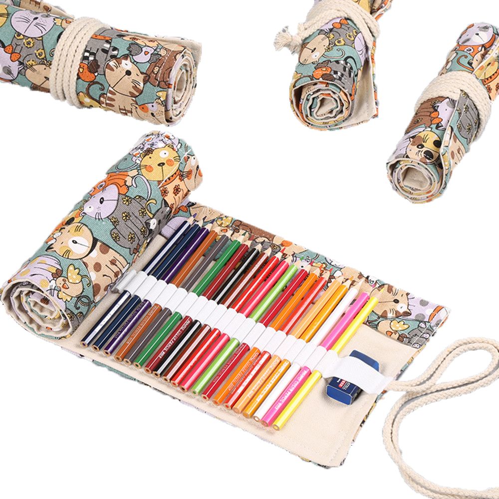 Pen Pouch Roll - 漫画の男の子と女の子のロールスクール用品キャンバス大容量文房具ポーチペンシルケースペンバッグ鉛筆バッグ