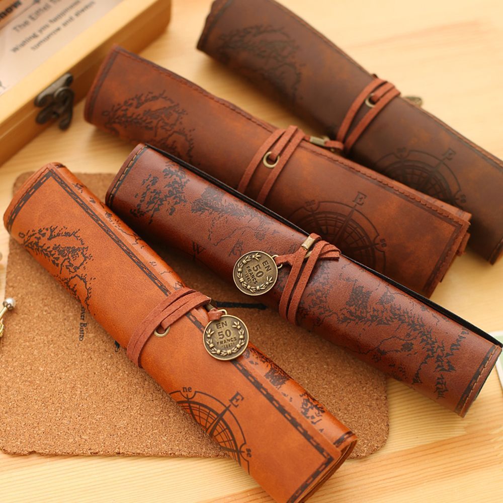 Pen Pouch Roll - ファッションロールヴィンテージレトロペン鉛筆ケーススクールケースバッグ財布ポーチ化粧品メイクアップPUバッグレザー