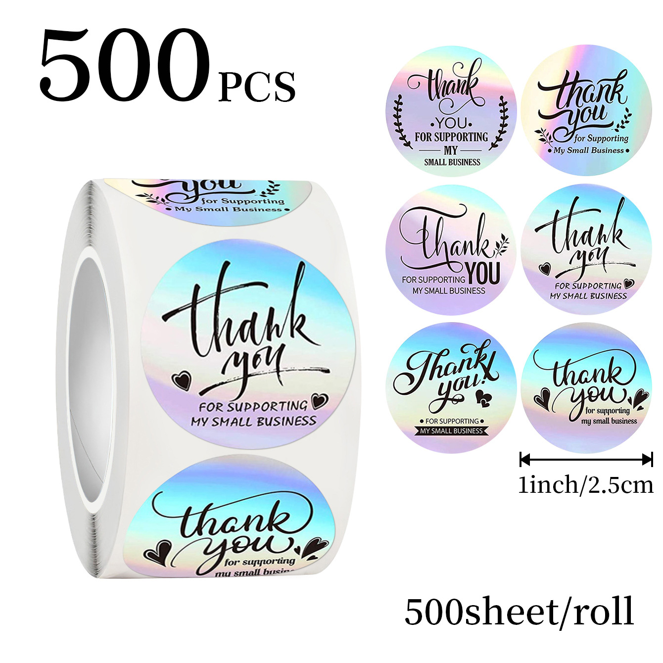 Sticker Label Roll - JCAC 500枚/ロール 1インチ ホログラフィック サンキューシール、粘着式 ギフトボックス