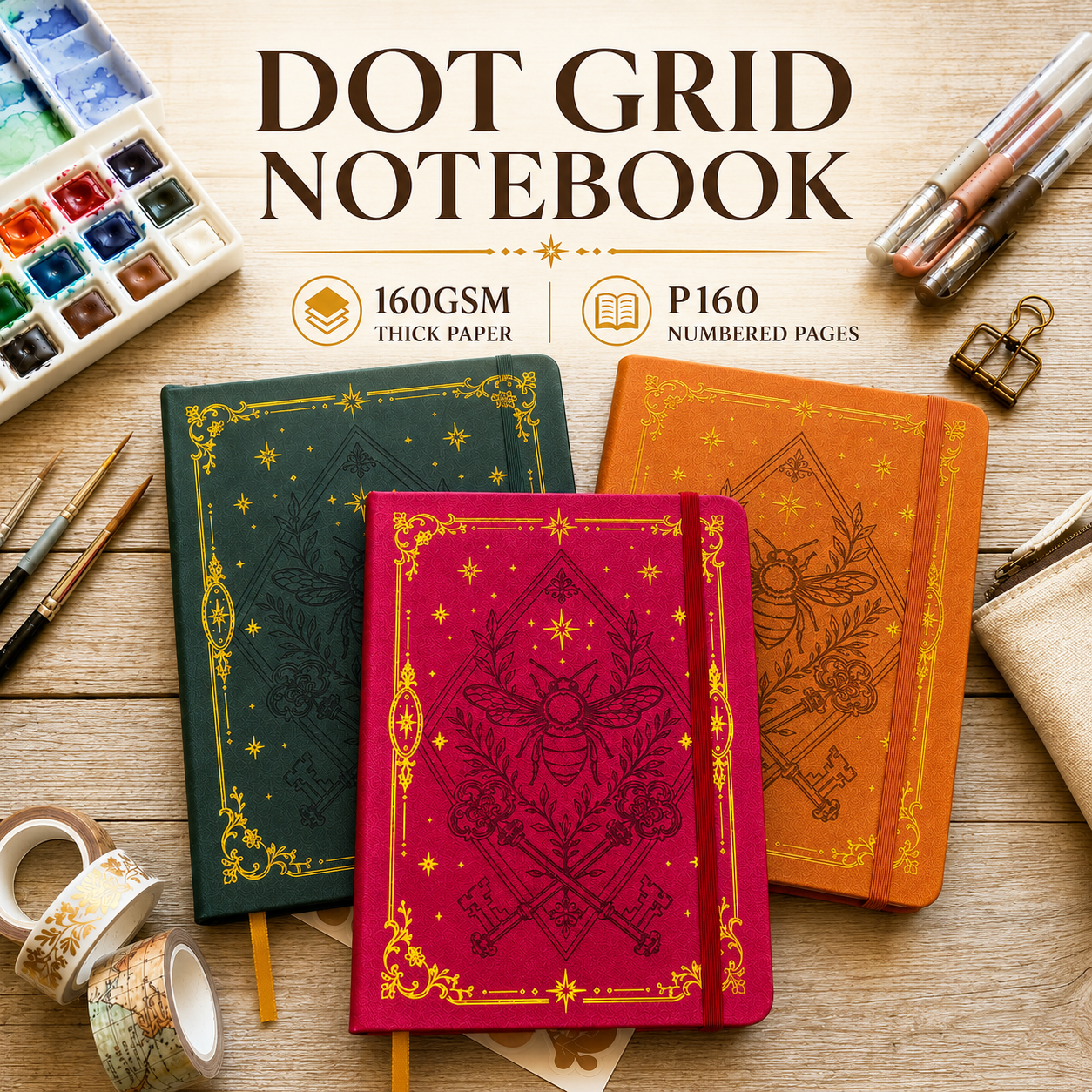 Journal Leather Hardcover - A5 ドットグリッドノートブック、160GSM 厚紙、P160 ナンバリングページ、ヴィンテージビー PU レザーハードカバー
