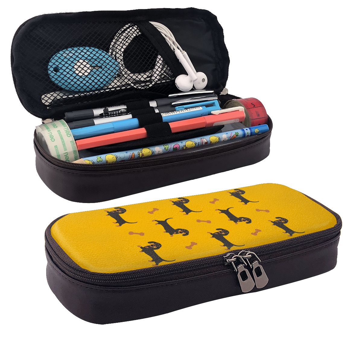 Tan Stationery & Office Supply - 黒と茶色のダックスフントソーセージドッグレザーペンケース鉛筆ポーチ収納文具用品ペンボックス学校用鉛筆バッグ