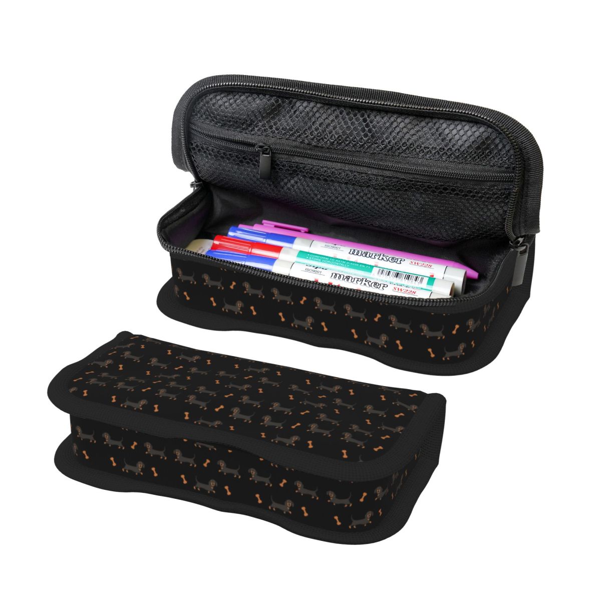 Tan Stationery & Office Supply - 黒と茶色のダックスフントソーセージ犬鉛筆ケース学生用学校ペンボックス鉛筆バッグ文具用品ペンホルダーバッグ