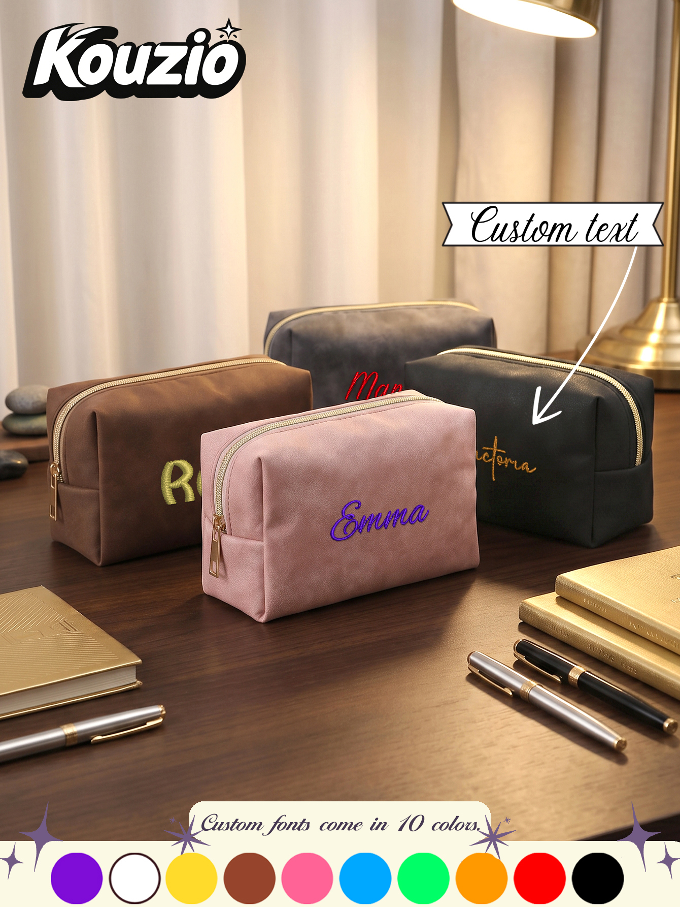 Stationery Supply - 大きな正方形のフェイクスエード製カスタムテキスト刺繍ジッパーケース、大容量文房具・化粧品収納ポーチ、新学期用品