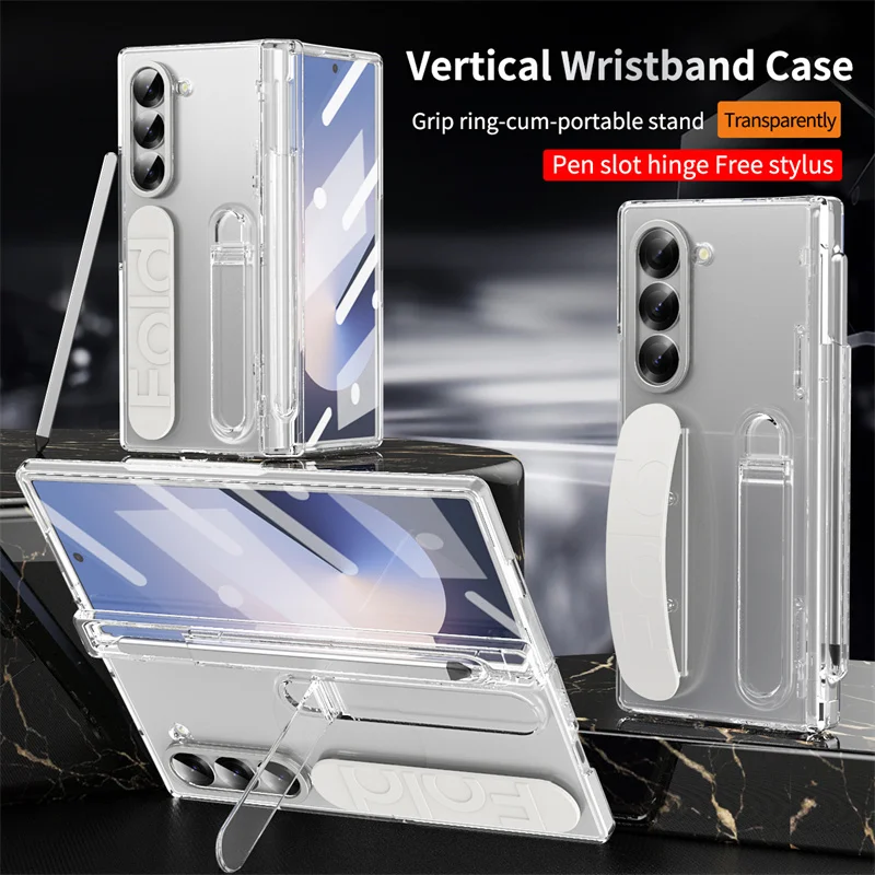 Stationery Supply - Samsung Galaxy Z Fold 7/6/5/4/3用 高級リストバンドホルダー付きヒンジ式スマホケース、ペン収納スロットとSペンスクリーンプロテクターフィルムカバー付き