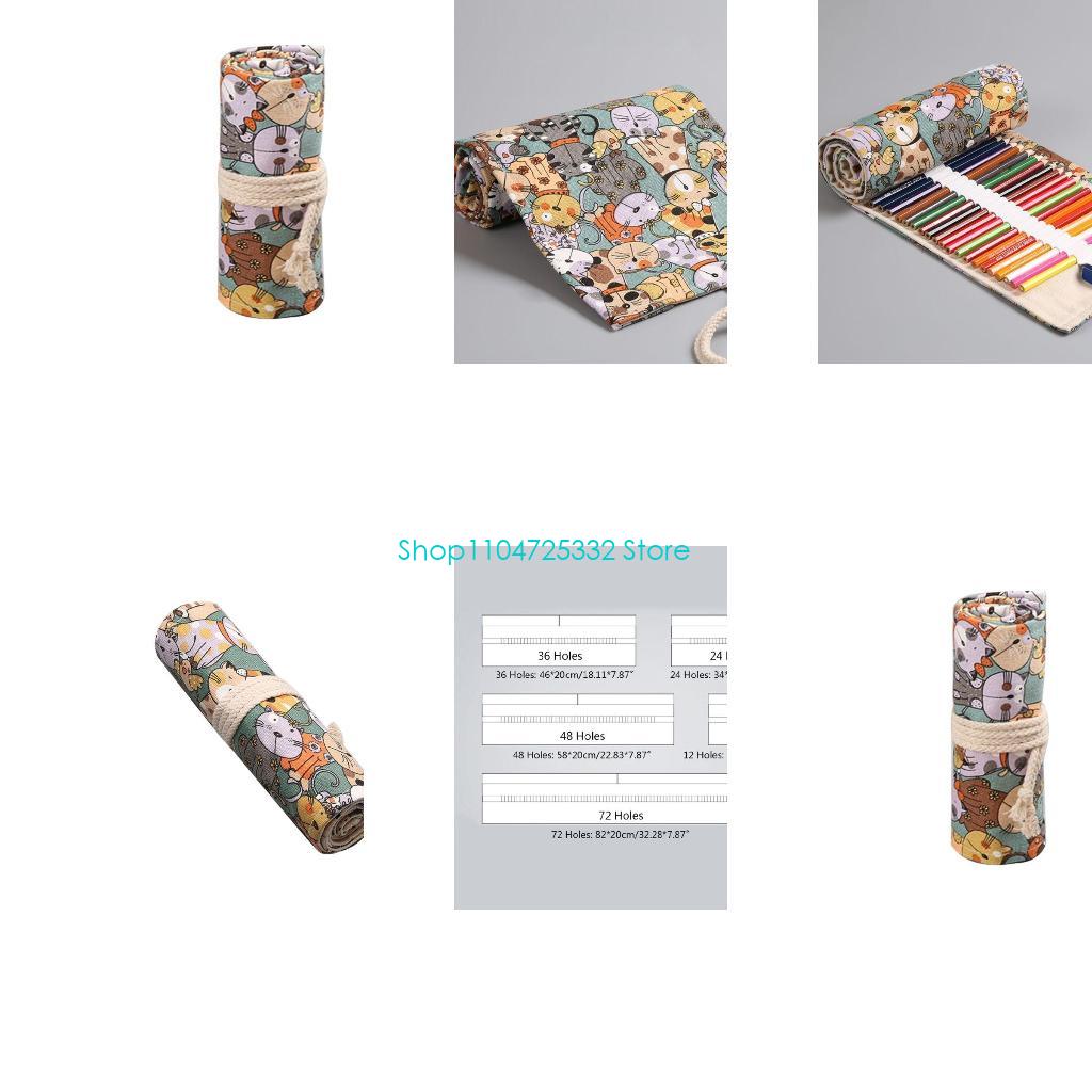 Pen Pouch Roll - P5EA 漫画猫 12/24/36/48/72 穴キャンバスロールペンカーテン鉛筆バッグケース化粧ラップホルダー収納ポーチ学校