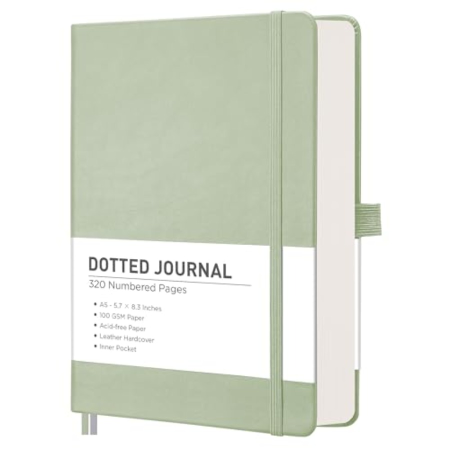 Journal Leather Hardcover - ドット入りジャーナルノートブック、320枚の数字入りページ、A5中型サイズ5.7インチ×8.3インチ、レザーハードカバー、100 GSM厚紙、ジャーナリング用