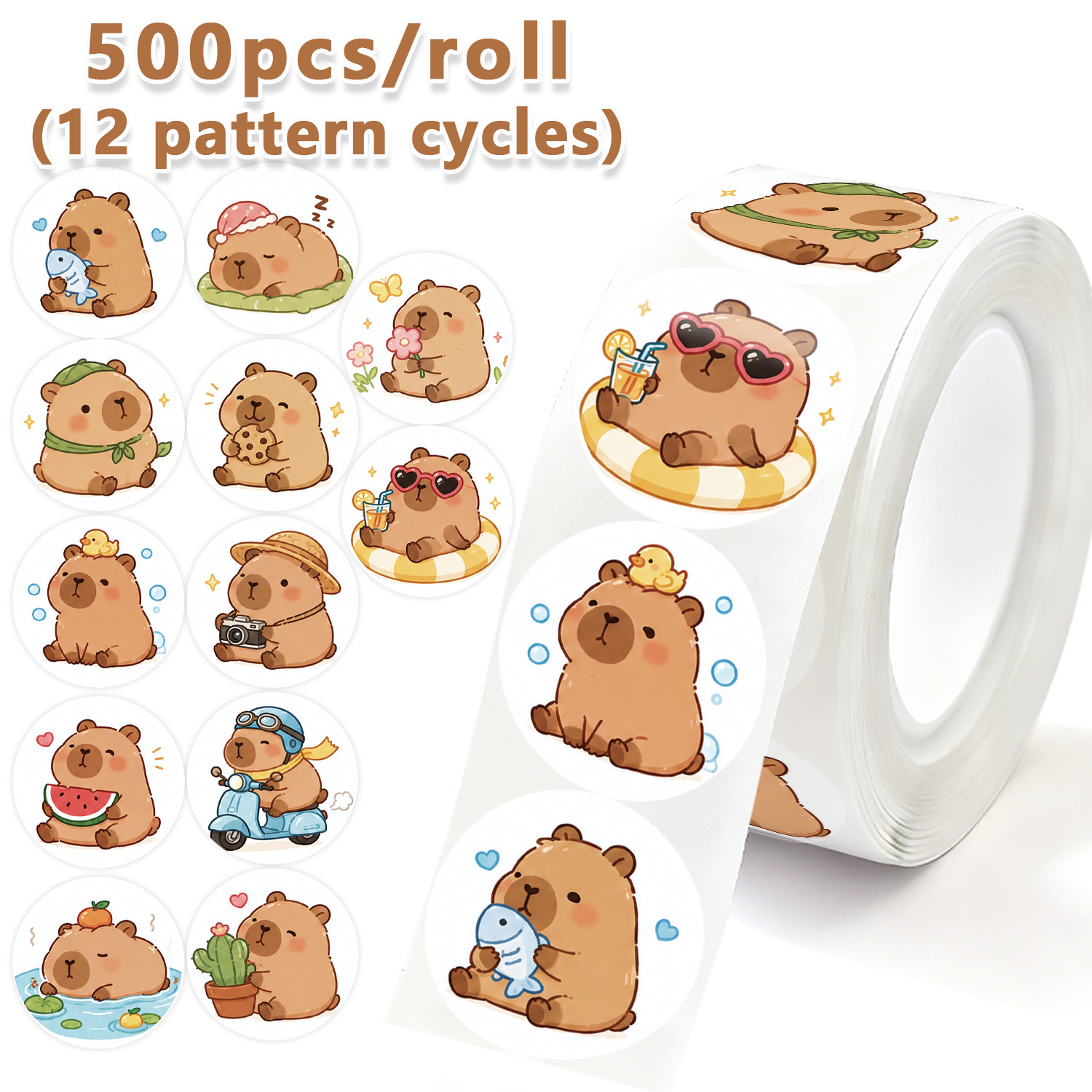 Sticker Label Roll - JCAC 500枚入り/ロール 可愛いカピバラ柄 PVC製粘着シールステッカー、ギフトDIY包装ラベル