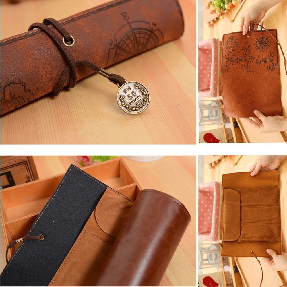 Pen Pouch Roll - ユニークなレトロ高級宝物地図ロールケースバッグ財布ポーチレザー化粧品メイクアップPUバッグペンシルケース（学校用）