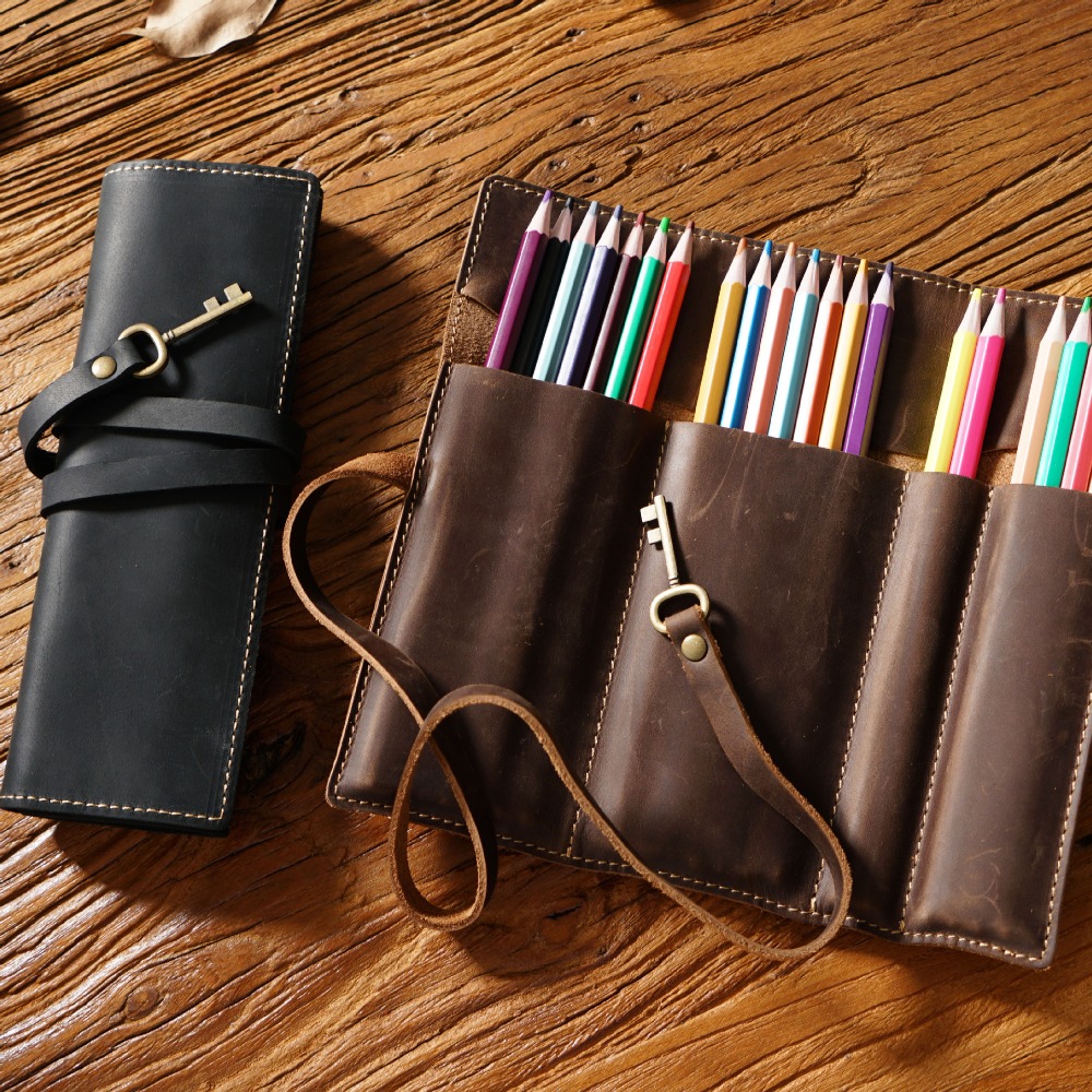 Pen Pouch Roll - レトロ本革手作りペンロール鉛筆ケースホルダーオフィススクールポーチ用品文具