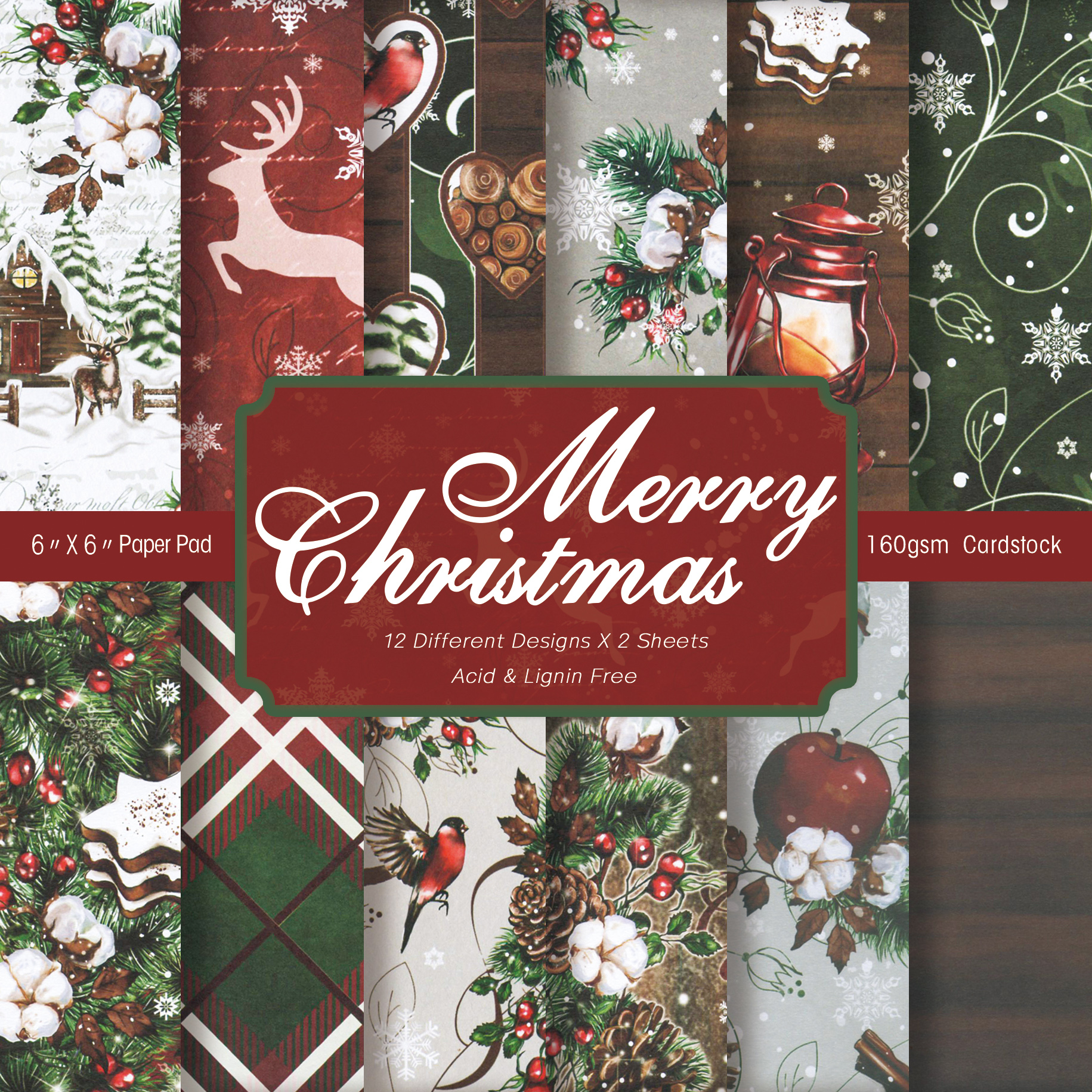Graph Paper Pad - メリークリスマススクラップブック紙パッド、チェック柄、雪片、鹿柄、ジャーナル用クラフトペーパー、カード作成、ギフトボックス装飾、24枚