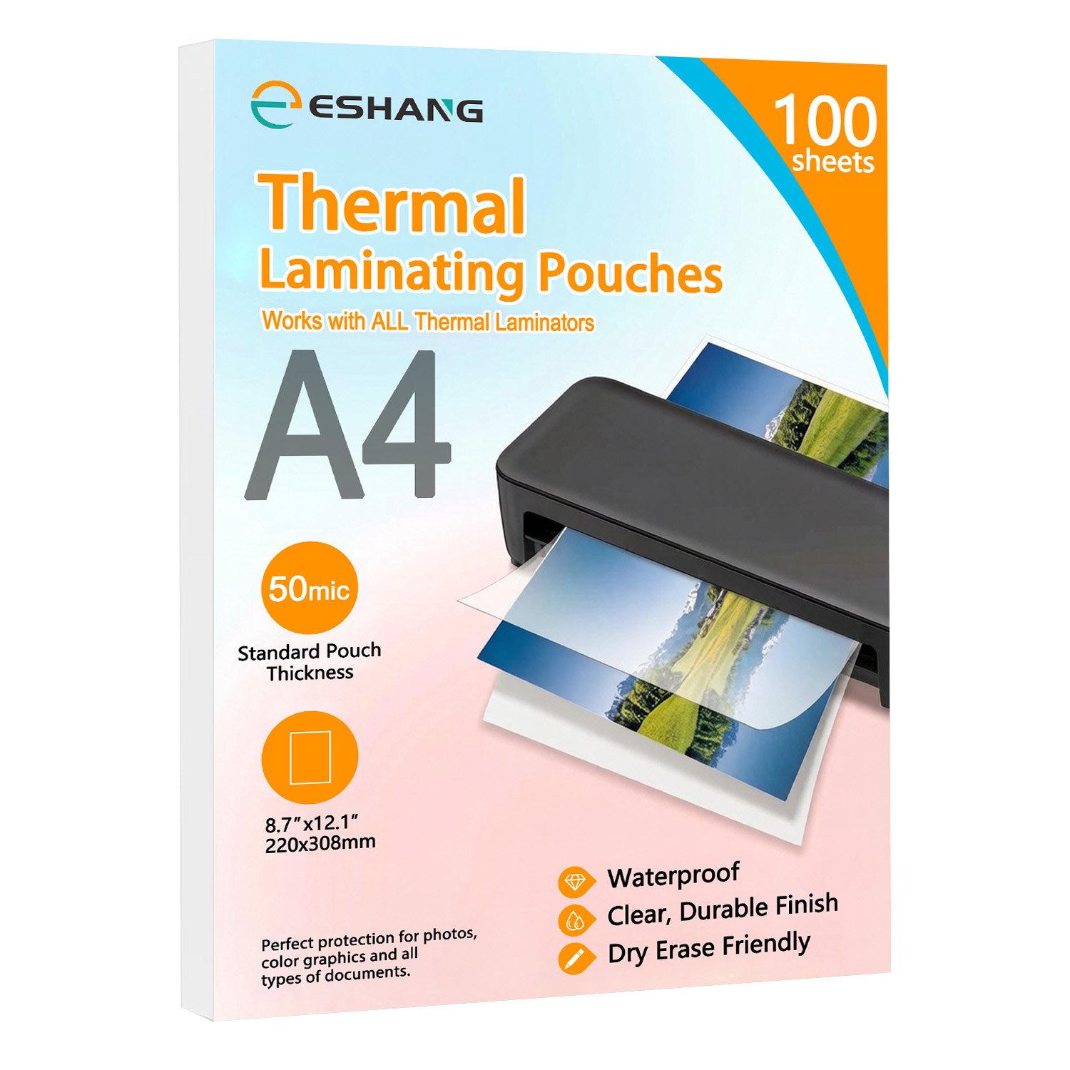 Document Laminator Pouch - ESHANG A4 ラミネートスリーブ、8.7x12.1インチ 100枚入り、0.05mm透明プラスチックシート、防水サーマルポーチ（書類用）