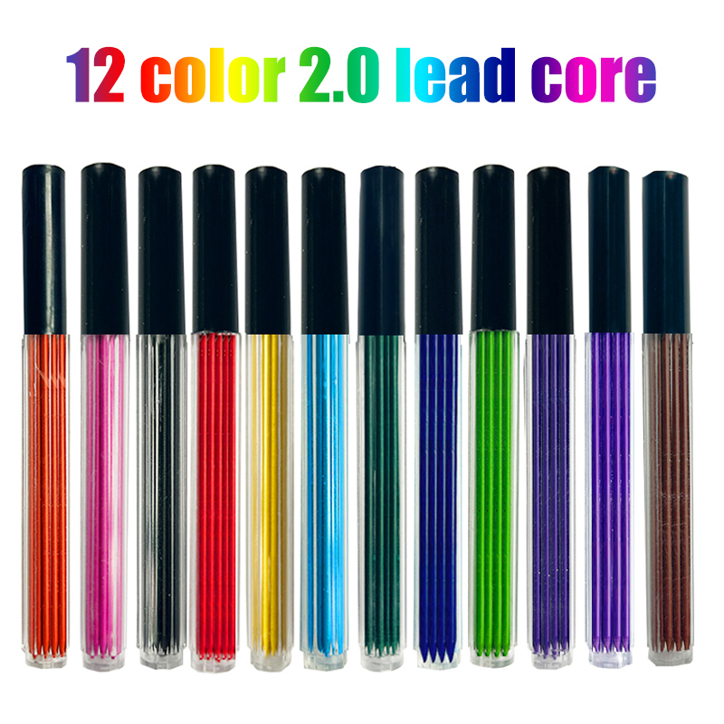 Mechanical Pencil Lead - 自動鉛筆用のHb交換可能リード、12色、2.0mm、学校、オフィス、アート、絵画、ライティング、文房具用品、スムーズなライティング