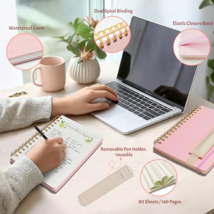 A5 スパイラルノートブック ペン付き、5.7x8.3インチ - Journal Leather Hardcover のレビューと価格