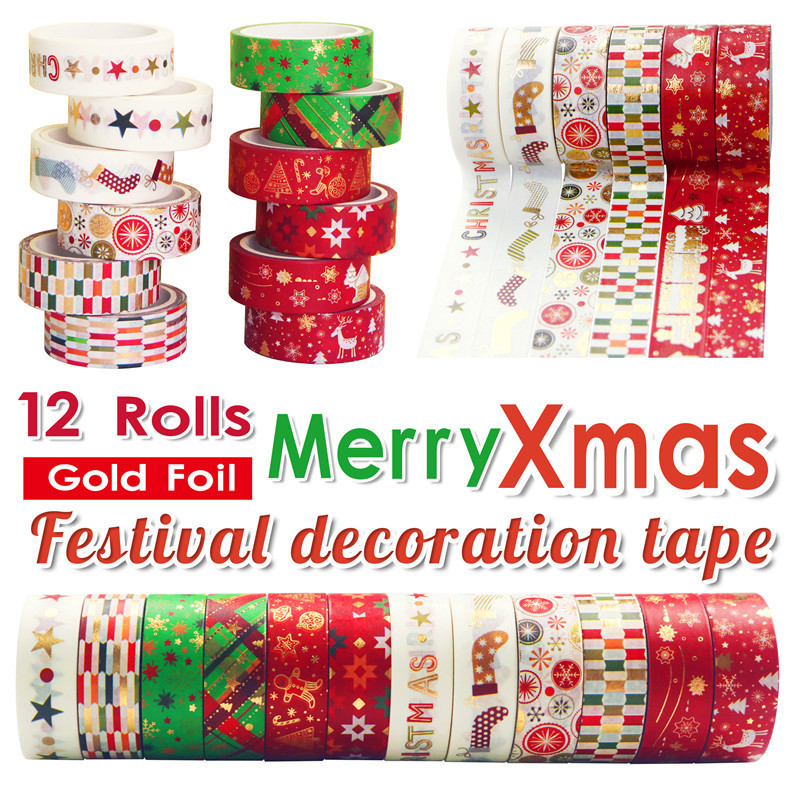 装飾的なクリスマステープ,60メートル,緑の星,金と銀のアル - Washi Tape Set のレビューと価格