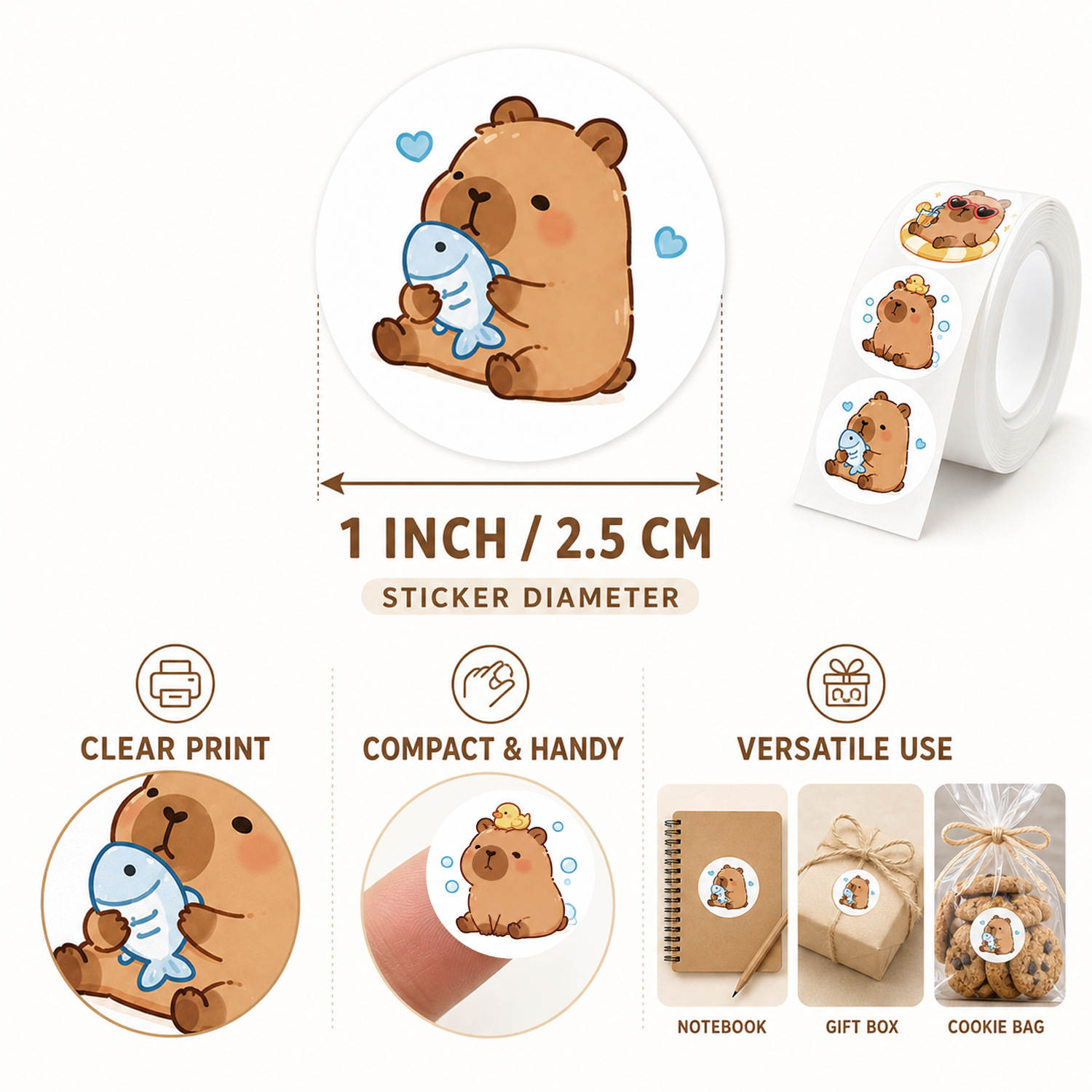 JCAC 500枚入り/ロール 可愛いカピバラ柄 PVC製粘 - Sticker Label Roll のレビューと価格